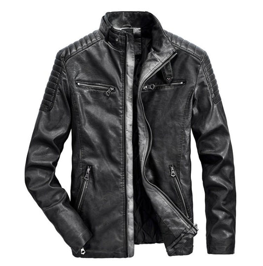 Retro Motorcycle Style Men's Faux Leather Jacket with Shoulder and Zipper Detail
